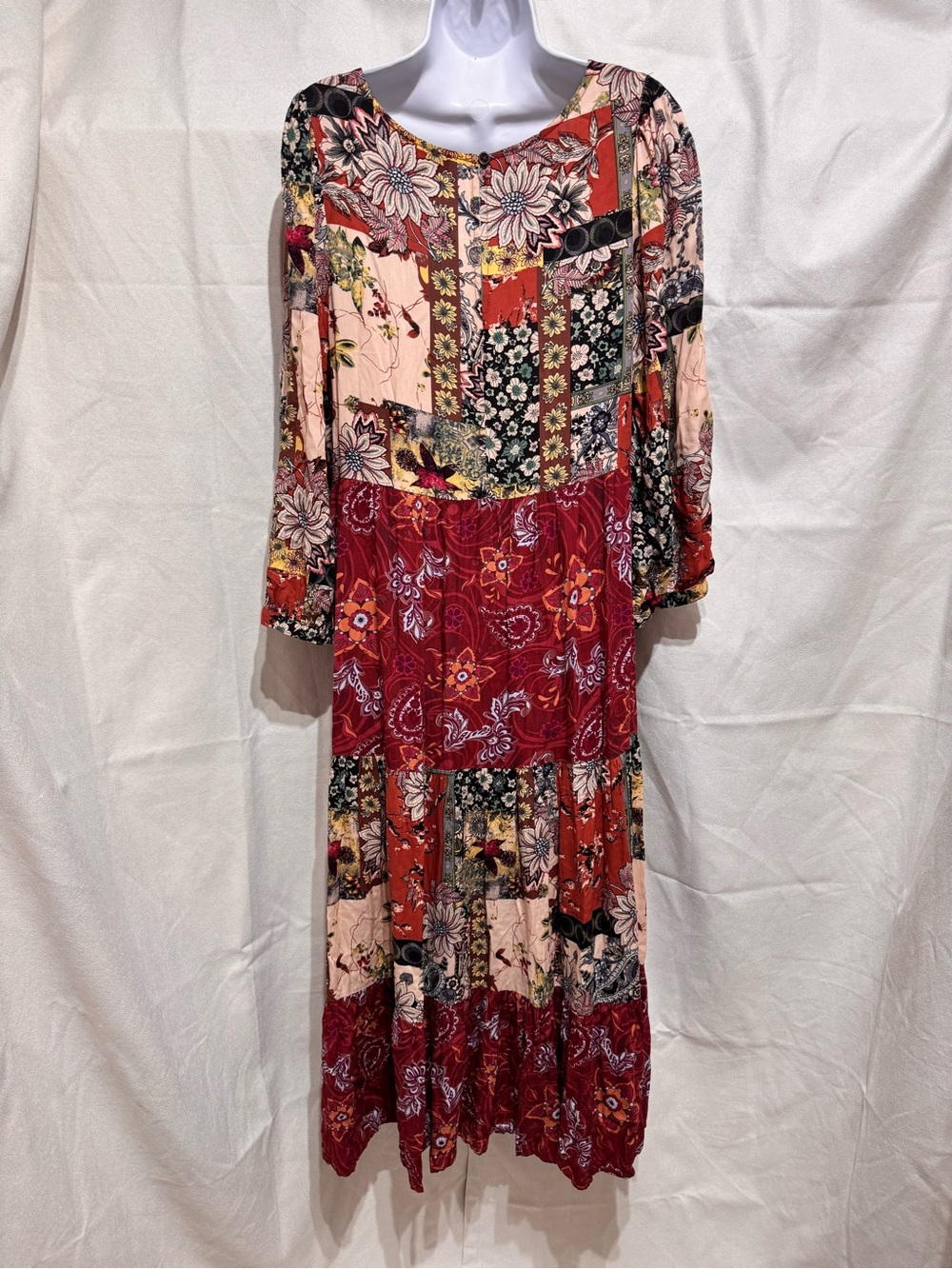 Burgandy Gigio by Umgee Mixed Print Tiered V-Neck Maxi Dress Patchwork Bohemian - Picture 4 of 11
